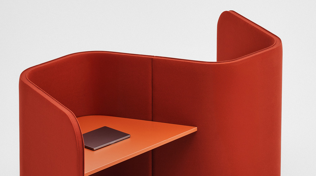 Modular acoustic office phone booth with an internal shelf and tablet