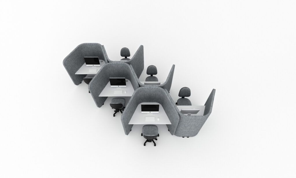 Five individual acoustic office pods with desks, chairs, and computer monitors