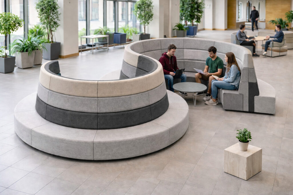 Office breakout area with Ally modular seating, round tables, and people working