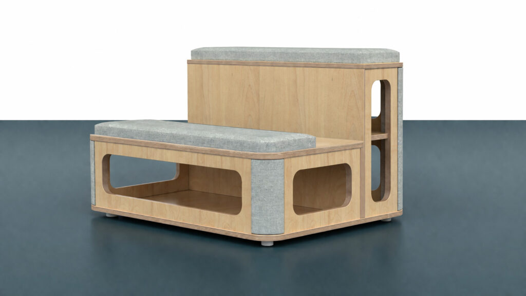 CAV 01 Cavea two-tier modular breakout seating with integrated storage and upholstered cushions
