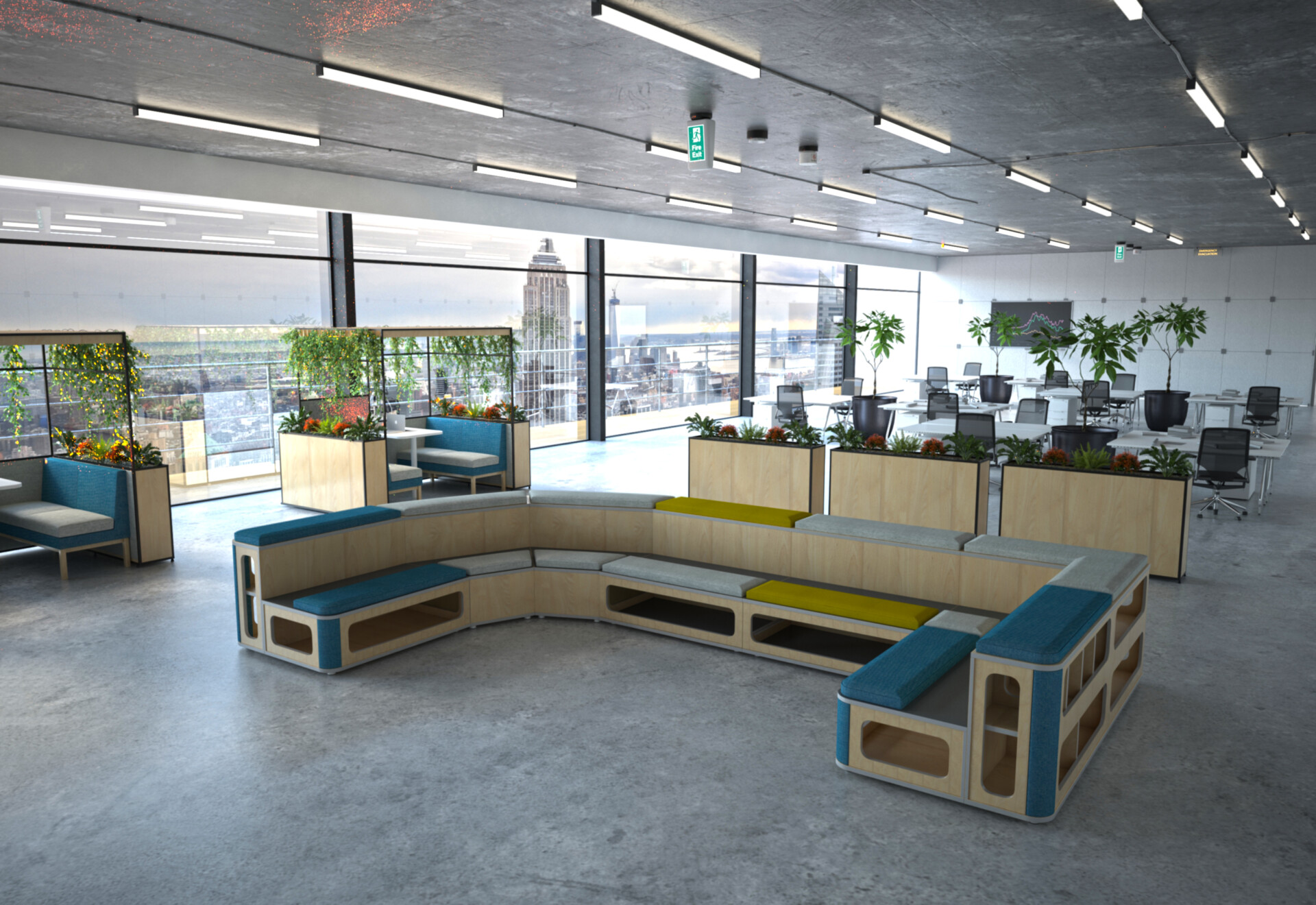 Office breakout area with modular Cavea seating and planter boxes