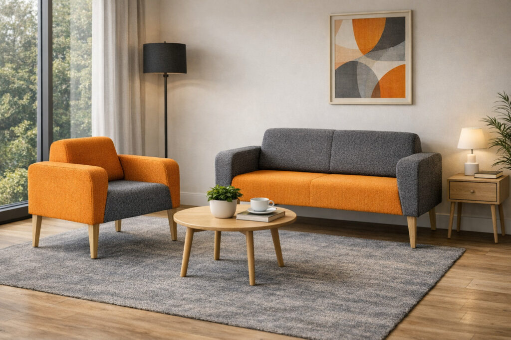 Office breakout area with modular seating and coffee table