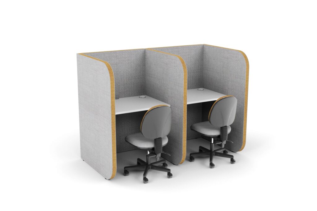 Two acoustic office pods with integrated desks and office chairs