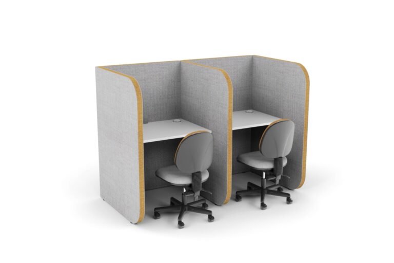 Two acoustic office pods with integrated desks and office chairs