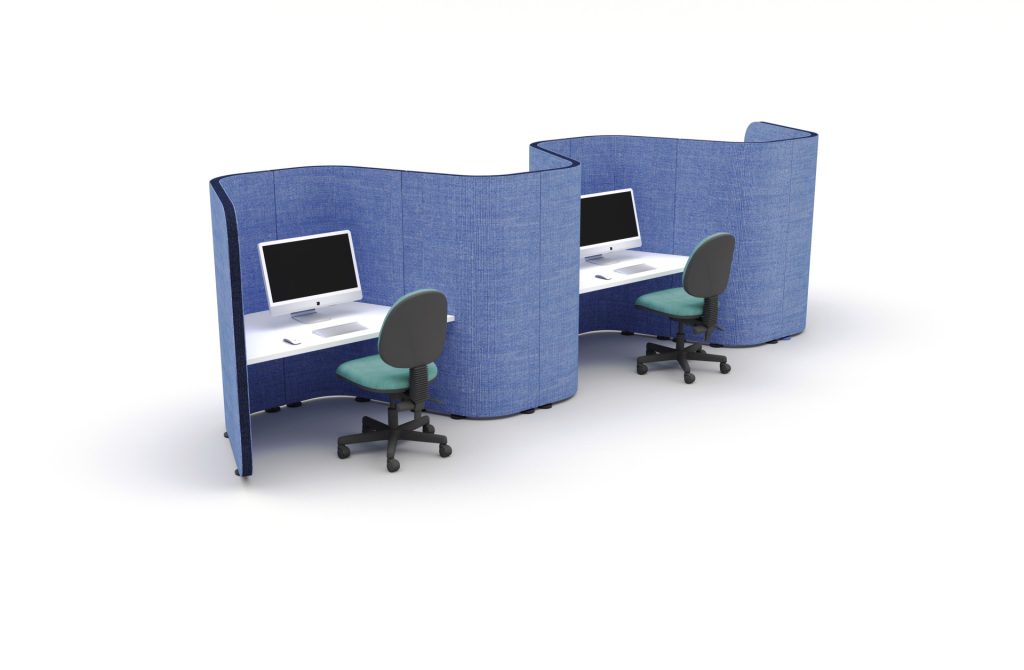 Two Flexi Pod focus pods with integrated desks and office chairs