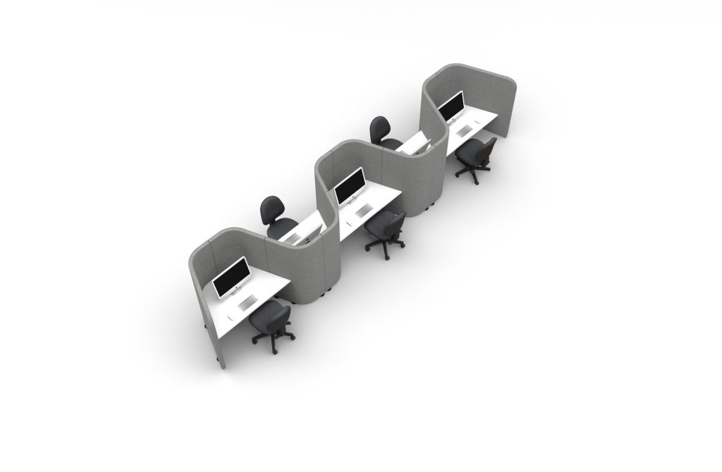 Flexi Pod acoustic office pods with desks and chairs in a row
