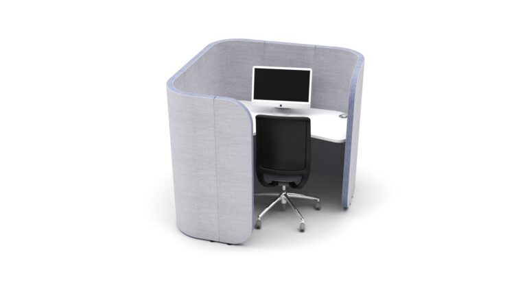 Flexi Square acoustic office pod with desk, office chair, and computer monitor