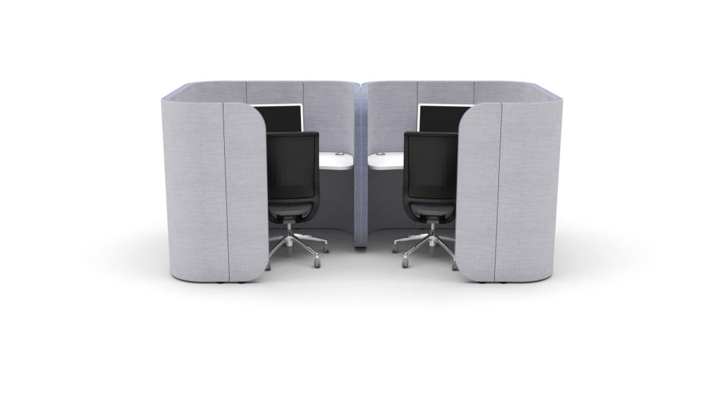 Flexi Square acoustic office pods with integrated desks and office chairs