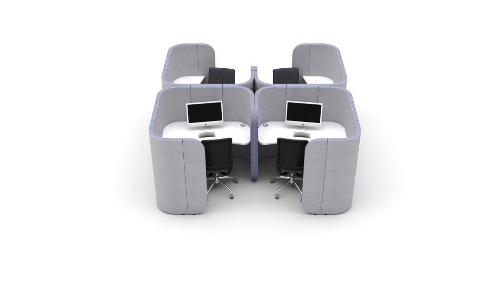 Flexi Square acoustic office pods with desks, chairs, and monitors