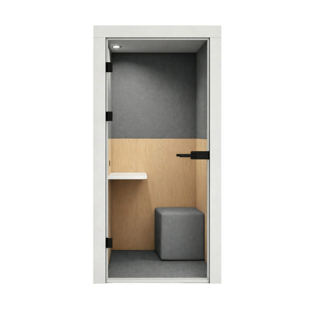 Acoustic phone booth with light wood and grey interior, white frame, and grey stool