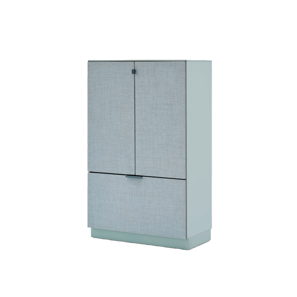 Office storage cabinet with two top doors and one bottom drawer