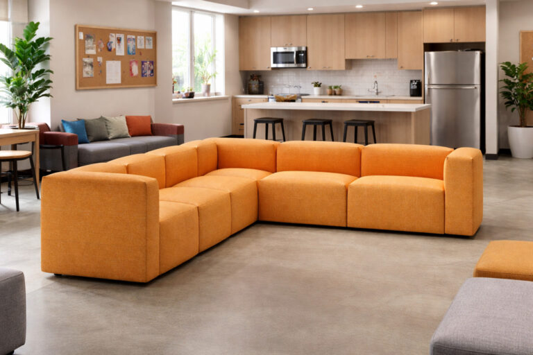 L-shaped Lincs modular breakout seating in an office kitchen and lounge area