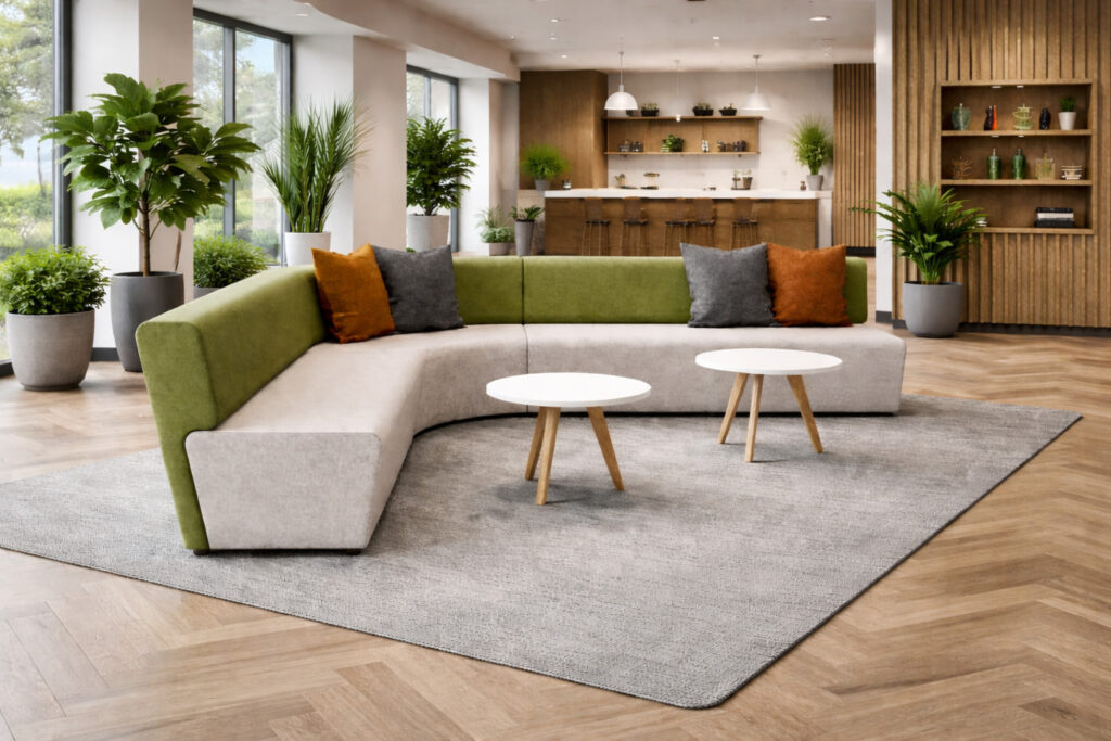 Office breakout area with modular Ally seating and two round tables