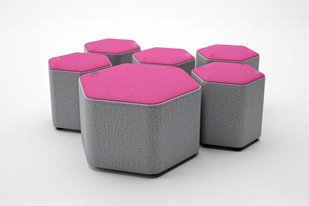 Six hexagonal modular breakout seating stools with pink tops