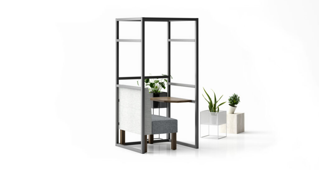 RIF 01 Rift office pod with integrated seating, table, and plants
