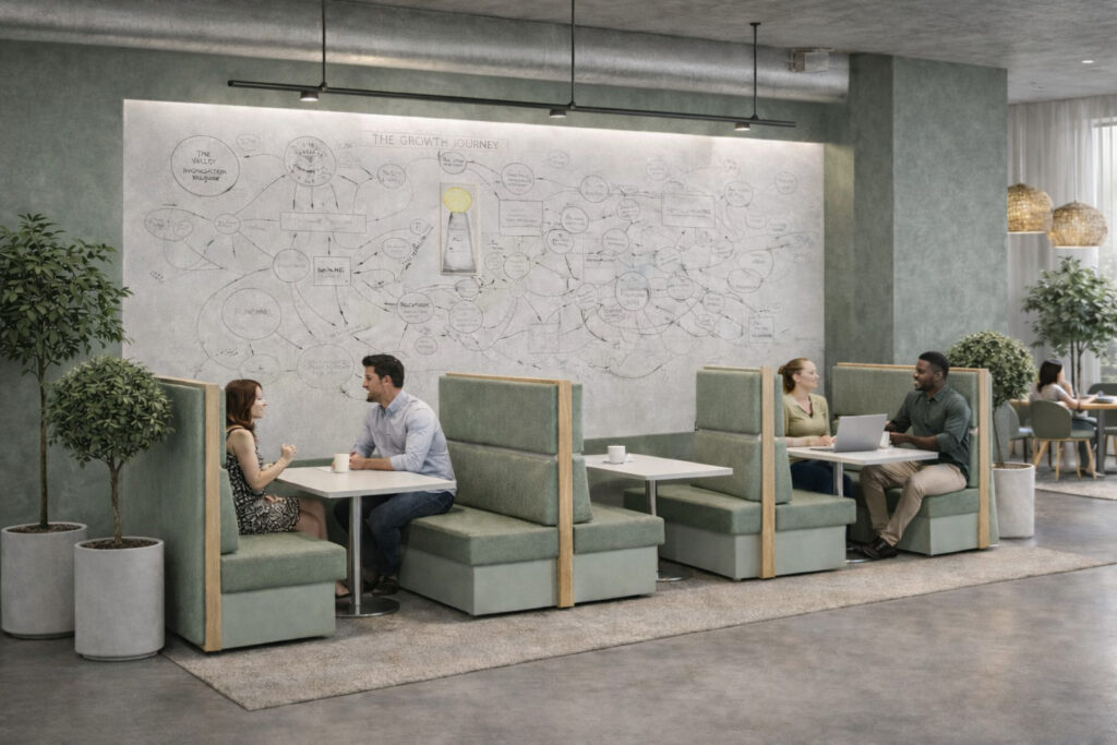 Office breakout area with modular seating booths and meeting tables