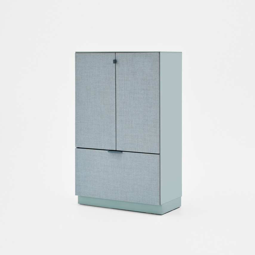 Soma S-04 storage cabinet with two doors and one drawer, upholstered finish