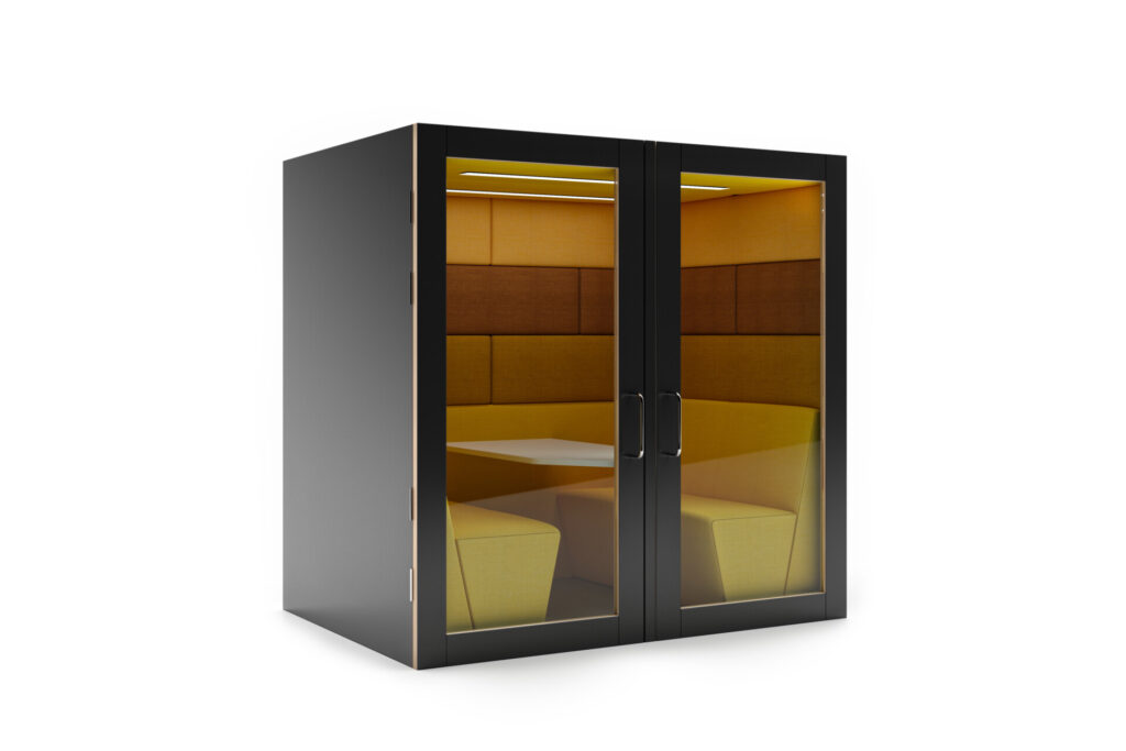 Session acoustic office meeting booth with internal seating and table