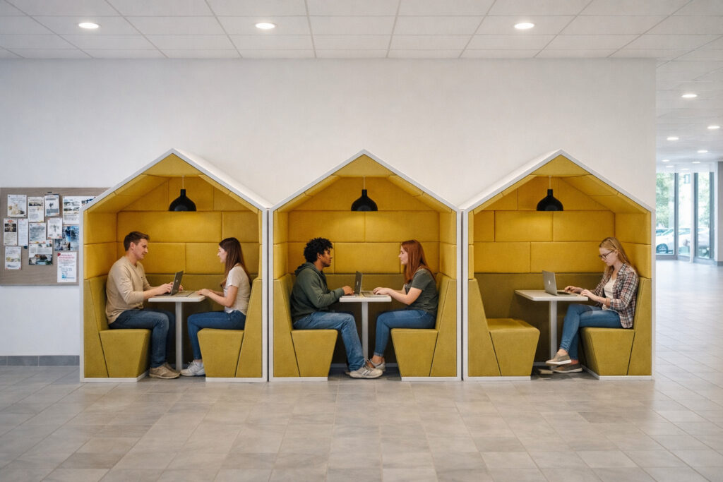 Three Session acoustic meeting booths with students working on laptops