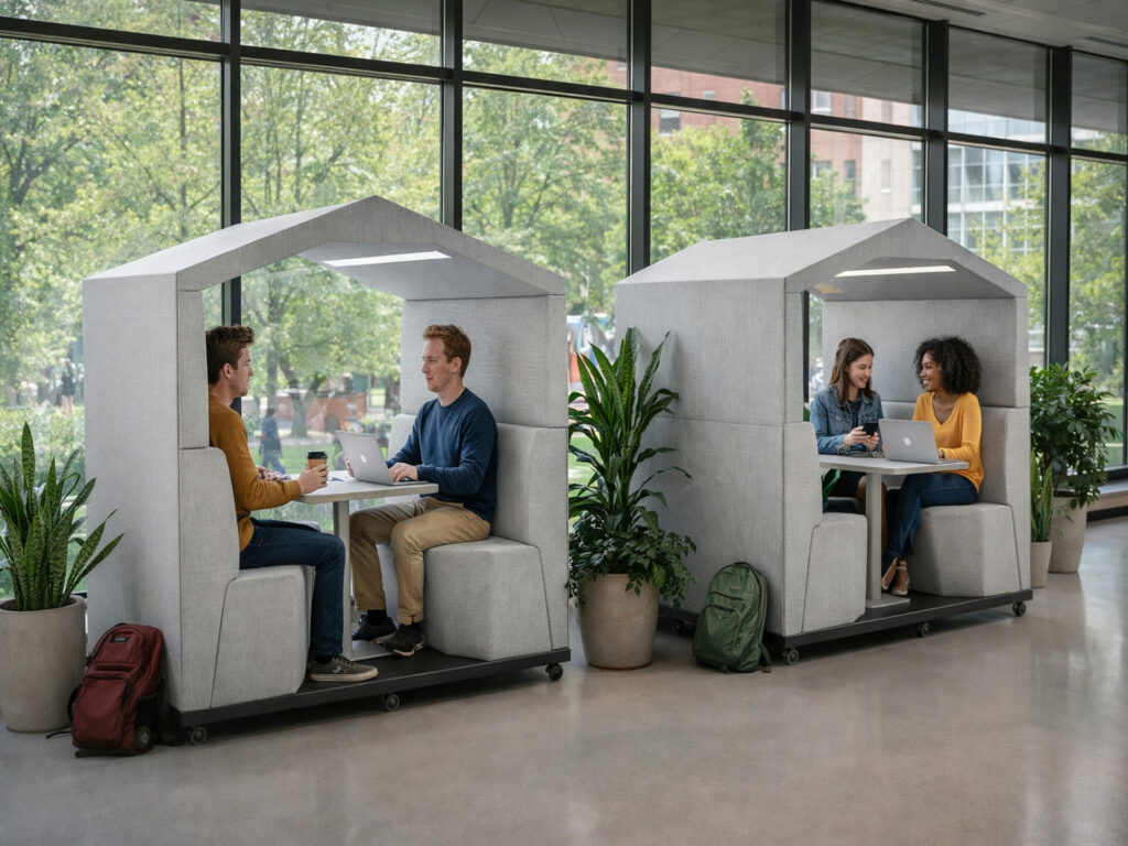 Two Thinkpod acoustic office pods with people working at tables in a modern office breakout area