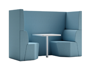 Acoustic office pod with two modular seating units and a small table