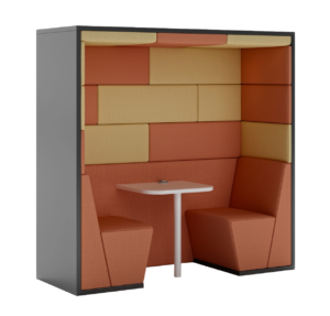 Acoustic office pod with modular seating and small meeting table