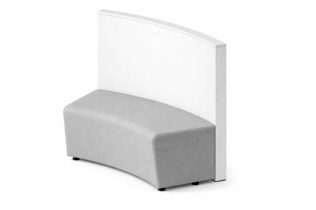 CONF 01 modular breakout seating with curved upholstered bench and white back panel