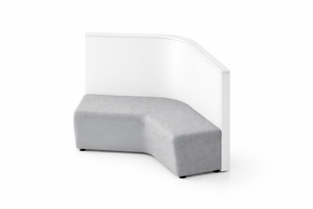 CONF 4 modular breakout seating with upholstered bench and white back panel
