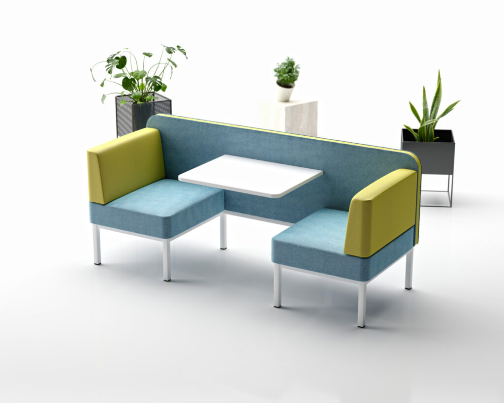 Faith modular breakout seating with integrated table, studio shot