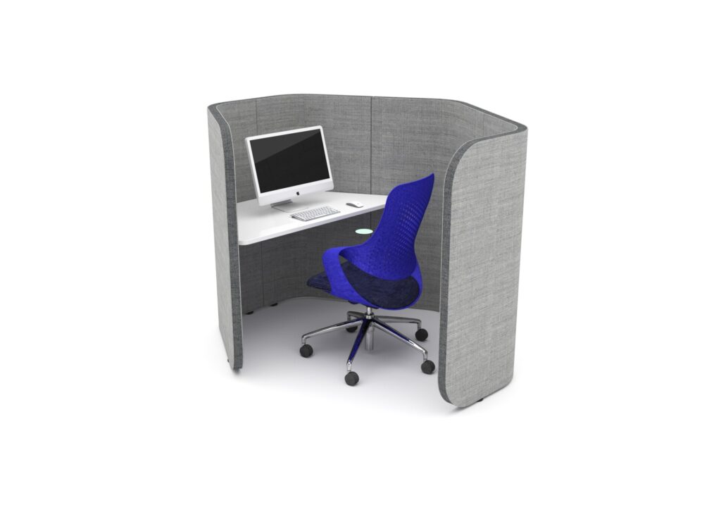 Flexi Hex focus pod with integrated office table, computer, and blue office chair