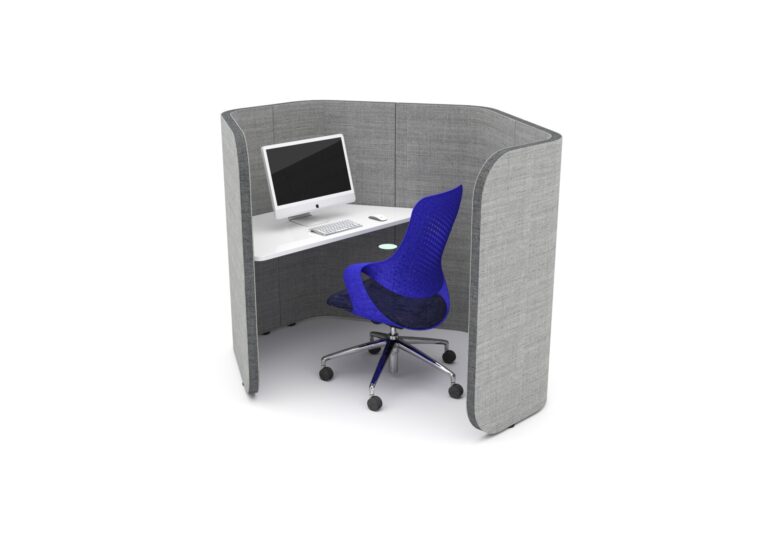 Flexi Hex focus pod with integrated office table, computer, and blue office chair