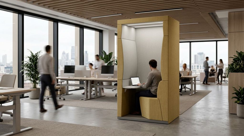 Acoustic phone booth with seated worker in a modern open-plan office environment