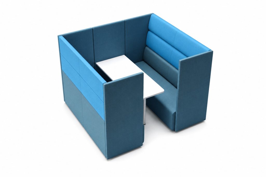 Ally acoustic meeting booth with modular seating and white table