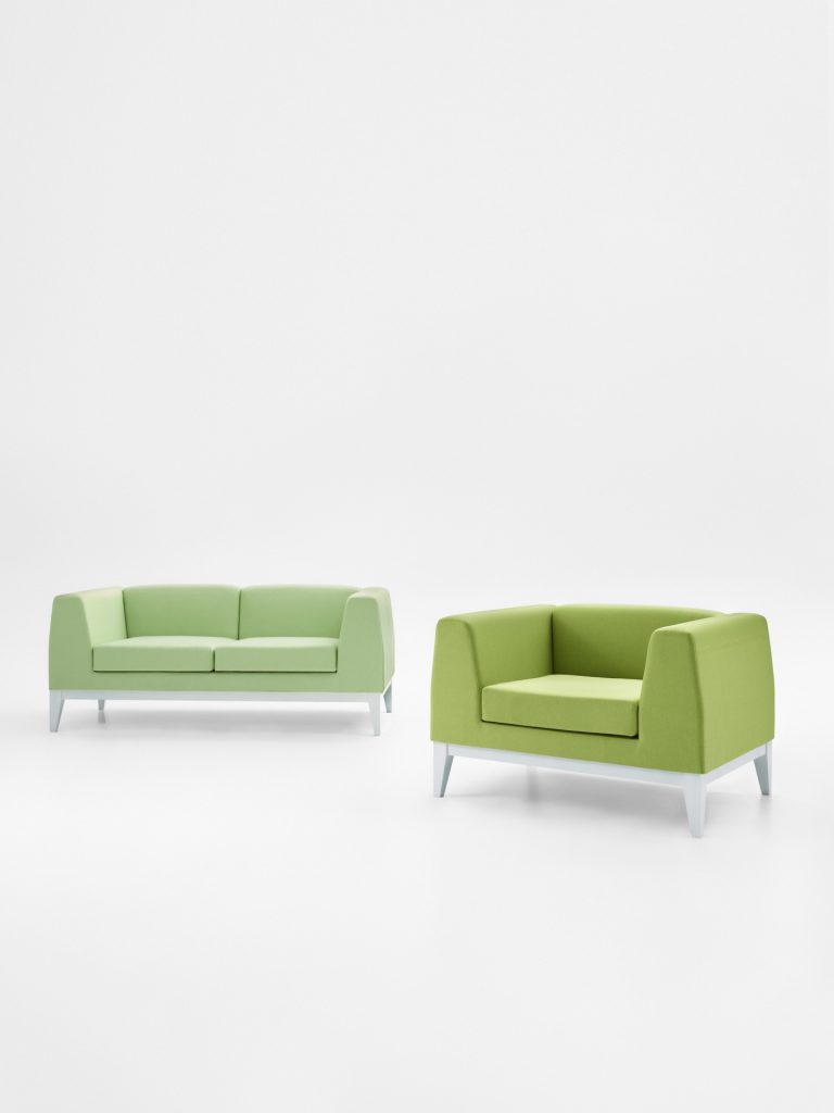 VER 02 Verta modular breakout seating, two-seater sofa and armchair, on white background