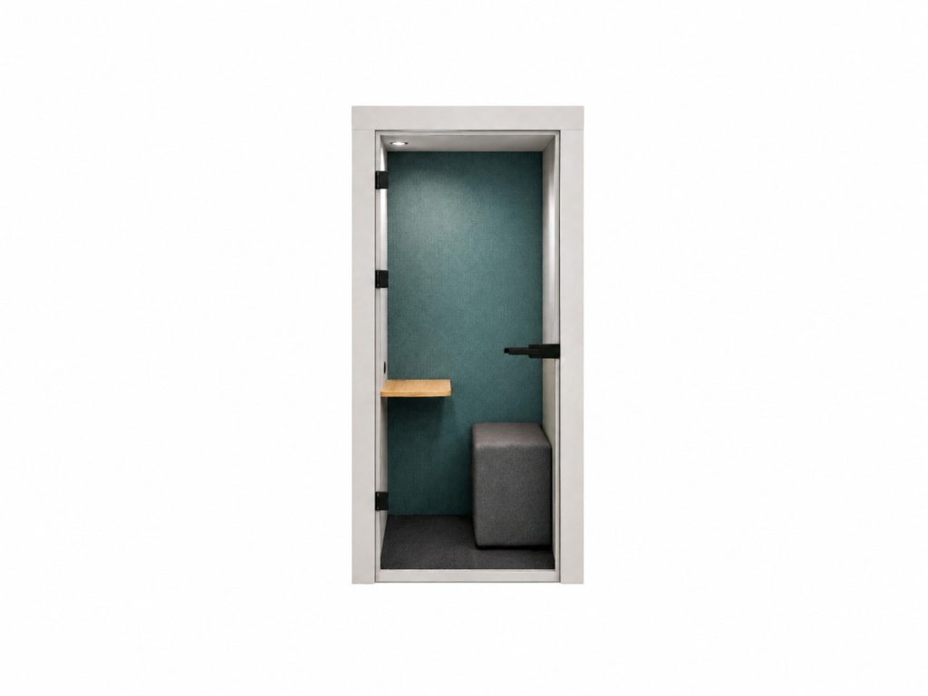 Mono acoustic phone booth with internal shelf and upholstered seat