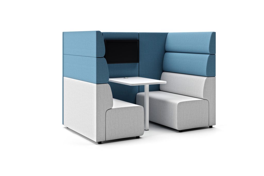Ally acoustic meeting booth with integrated table and screen, in blue and light grey upholstery