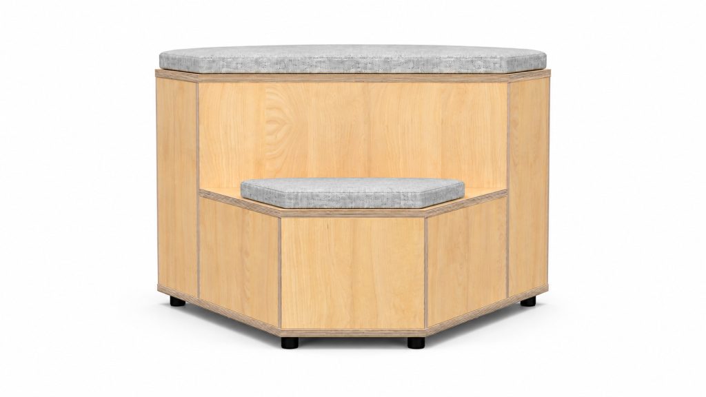 CAV 06 Cavea two-tier modular breakout seating with light wood finish and upholstered cushions