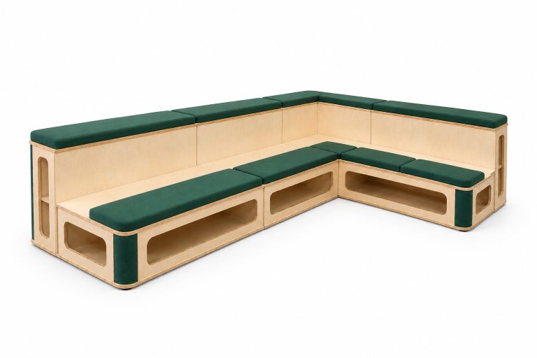 L-shaped modular breakout seating with upholstered cushions and integrated storage