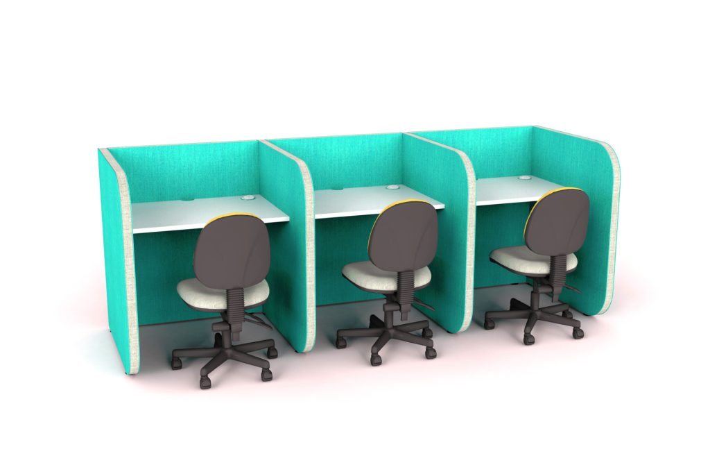 Three Flexi Focus pods with desks and office chairs