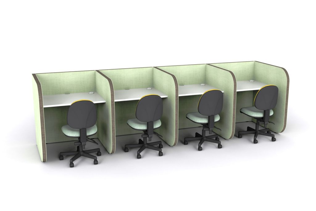 Four Flexi Focus office pods with desks and chairs in a row