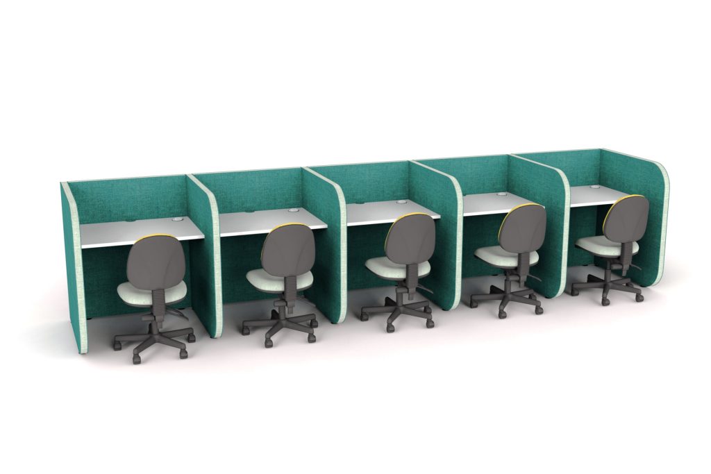 Flexi Focus office pods with integrated desks and chairs in a row