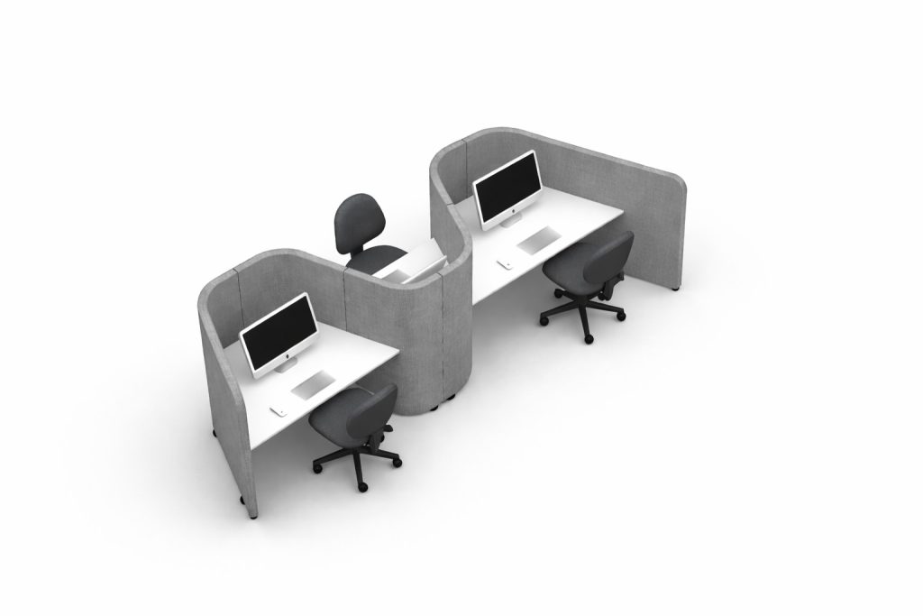 Two Flexi Pod acoustic office pods with desks and chairs