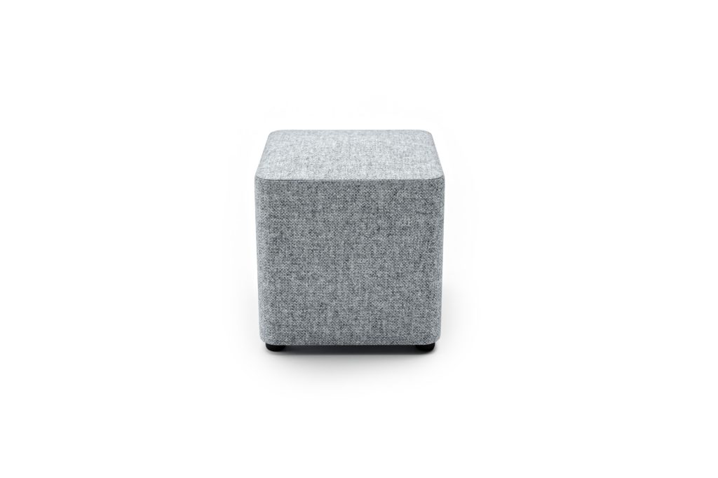 Square modular breakout seating stool with rounded edges, upholstered in textured fabric.