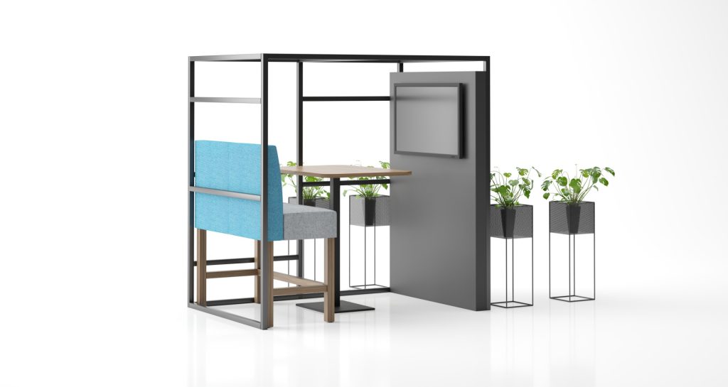 RIFT meeting booth with modular seating, office table, and integrated screen