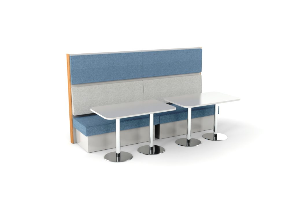 Modular breakout seating with two tables on white background