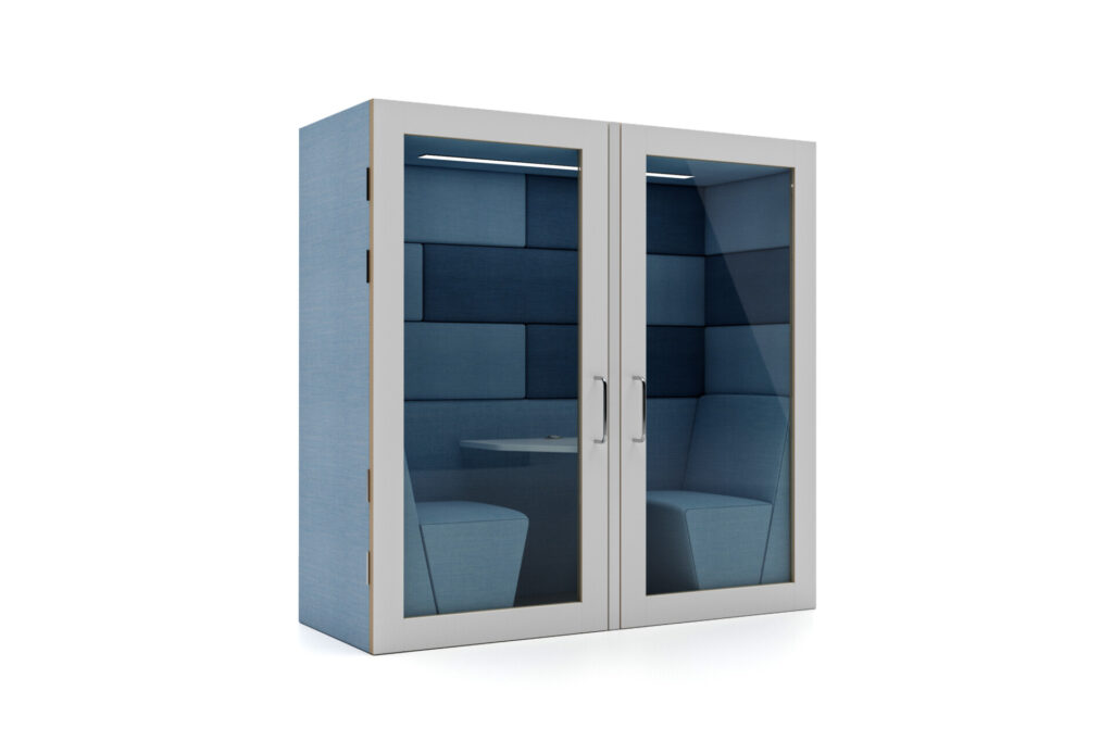 Session acoustic office pod with two seats and a small table