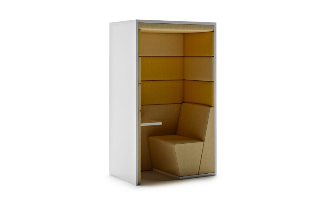 Session acoustic phone booth with internal seating and small shelf