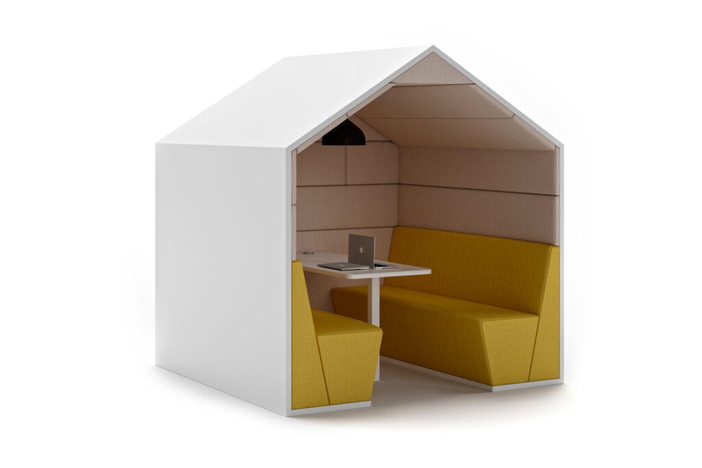 Session acoustic office pod with modular seating and meeting table