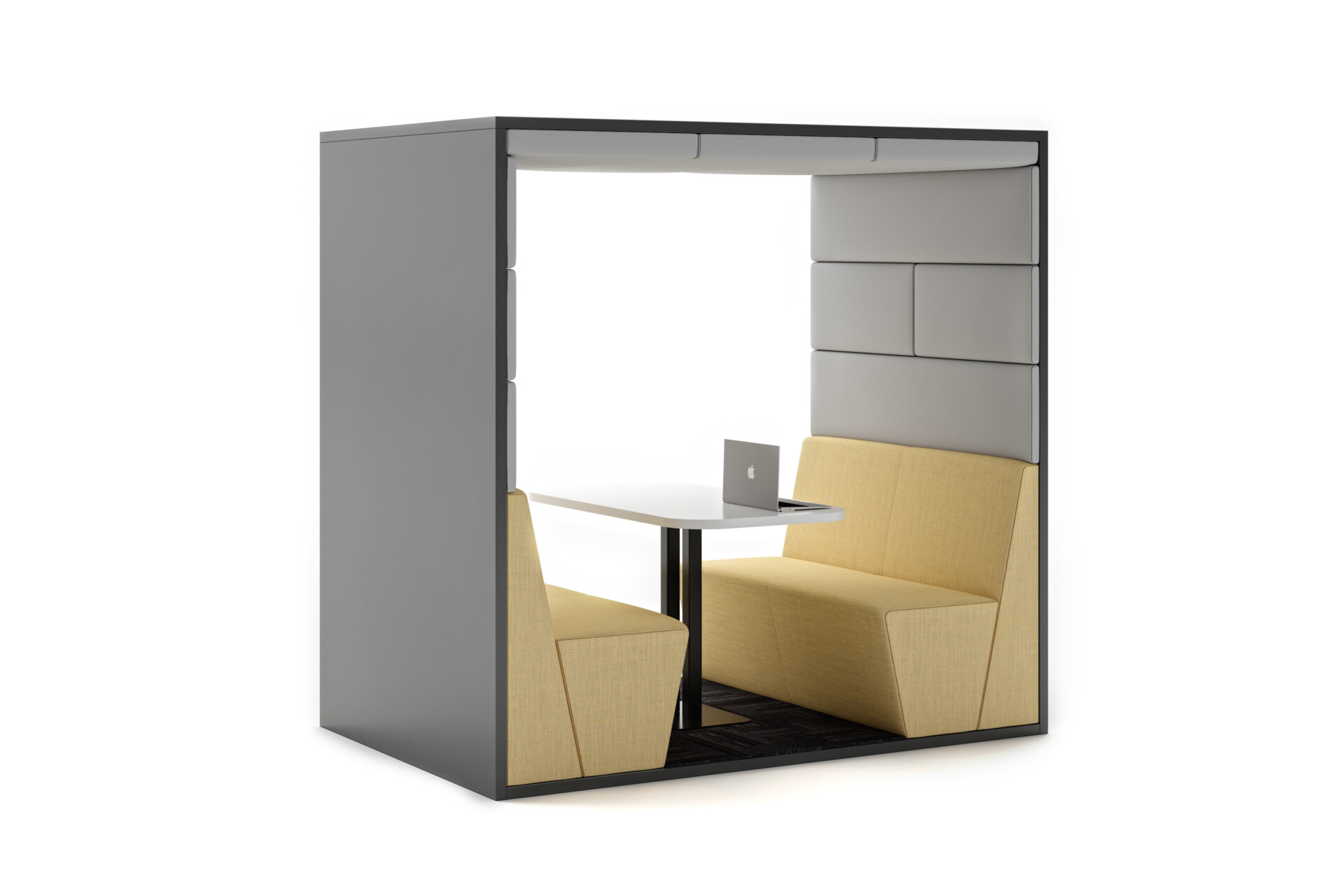 Modular acoustic office booth with two benches, a white table, and a laptop.