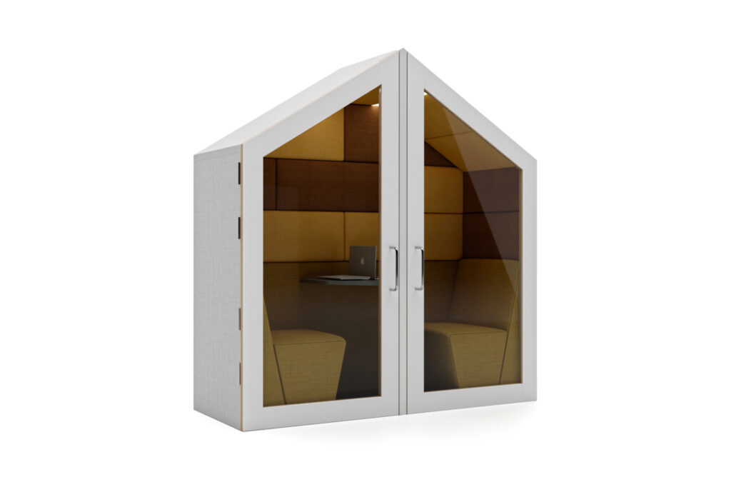 Session acoustic meeting pod with internal seating, table, and laptop